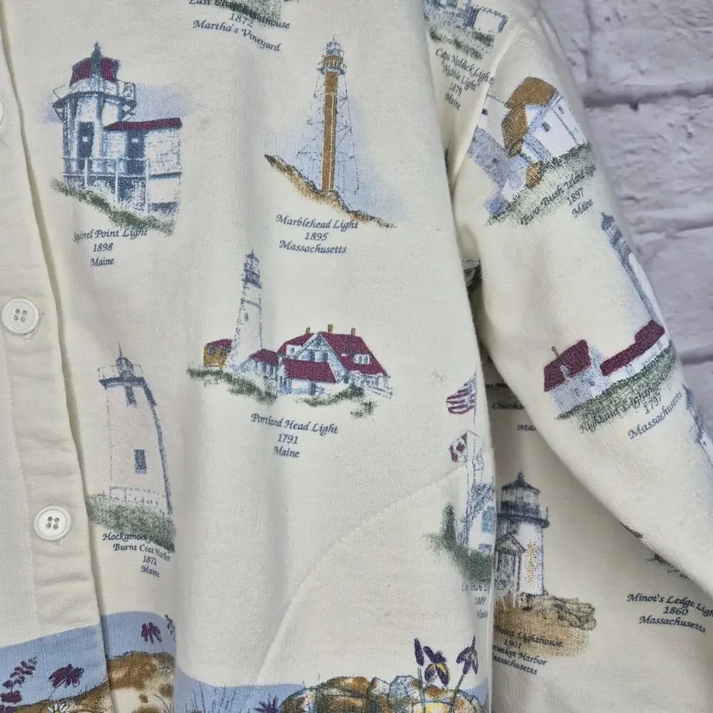 Vintage Lighthouse Point Sweatshirt Cardigan M Coastal Grandma Cream Nautical 90